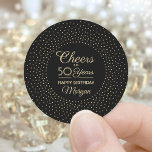 ANY Birthday Cheers Elegant Black and Gold Glitter Classic Round Sticker<br><div class="desc">Add a personalized finishing touch to birthday party invitations and favors with these stylish black and gold round stickers / envelope seals. This template is set up for a 50th birthday, but is simple to customize to another year or event, such as a retirement. Design features glittery foil look confetti...</div>