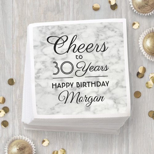 ANY Birthday Cheers Elegant Black and White Marble Napkins