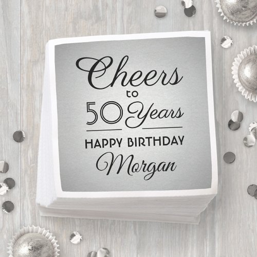 ANY Birthday Cheers Elegant Black  Faux Silver Napkins