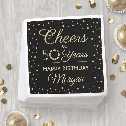 ANY Birthday Cheers Elegant Black  Gold Confetti Napkins