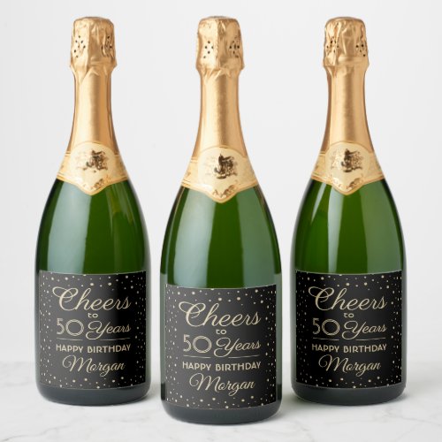 ANY Birthday Cheers Elegant Black  Gold Confetti Sparkling Wine Label