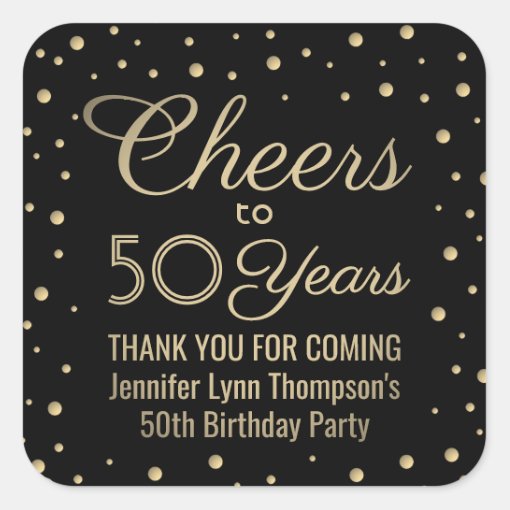 ANY Birthday Cheers Elegant Black & Gold Confetti Square Sticker | Zazzle