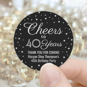 ANY Birthday Cheers Elegant Black Silver Confetti Classic Round Sticker