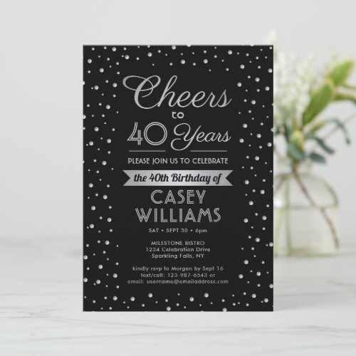 ANY Birthday Cheers Elegant Black Silver Confetti Invitation