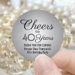 ANY Birthday Cheers Elegant Black Silver Faux Foil Classic Round Sticker<br><div class="desc">Add a personalized finishing touch to birthday party thank you notes or favors with custom black and faux metallic round stickers / envelope seals. All text is simple to customize or delete. This template is set up for a 40th birthday, but can easily be changed to another year or event,...</div>
