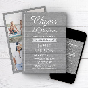 ANY Birthday Cheers Elegant Gray Wood 4 Photo Invitation