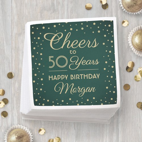 ANY Birthday Cheers Elegant Green and Gold Glitter Napkins