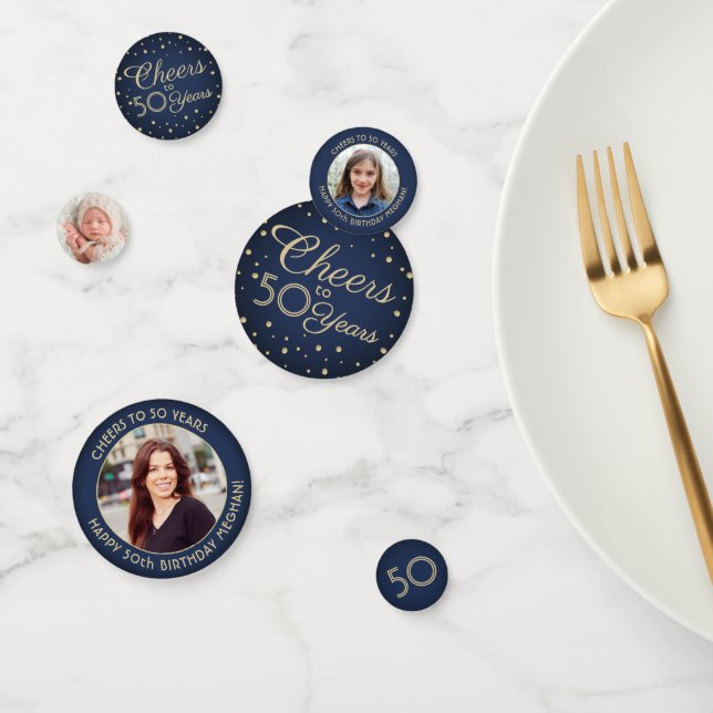 ANY Birthday Cheers Elegant Navy Blue Gold 3 Photo Confetti (Group)