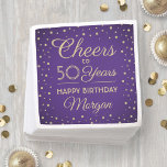 ANY Birthday Cheers Elegant Purple & Gold Glitter Napkins<br><div class="desc">Add an elegant personalized touch to birthday party decorations with these custom purple and gold paper napkins. Design features modern script calligraphy customizable "Cheers to 50 Years" and gold faux glitter confetti dots on a purple background. Please note that text is printed color, not metallic foil. This template is set...</div>