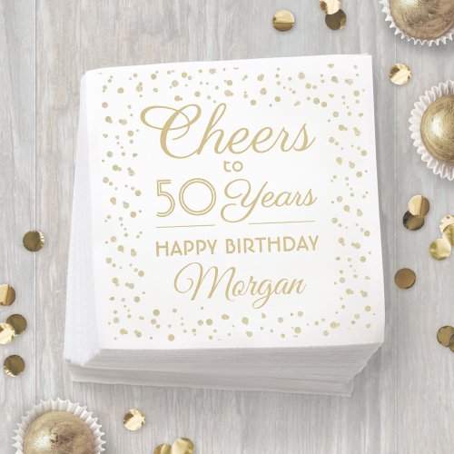 ANY Birthday Cheers Elegant White and Gold Glitter Napkins