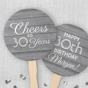 ANY Birthday Cheers Gray Rustic Faux Wood Round Hand Fan