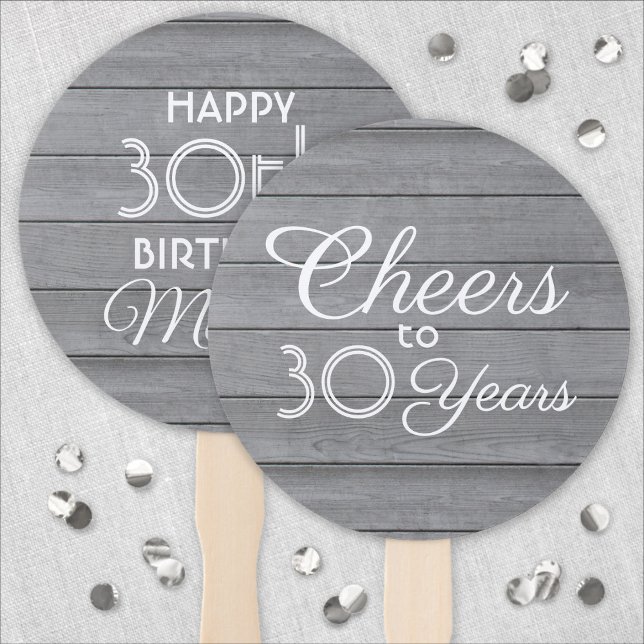 ANY Birthday Cheers Gray Rustic Faux Wood Round Hand Fan (Creator Uploaded)
