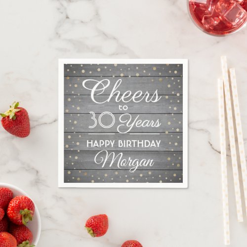ANY Birthday Cheers Gray Wood  Gold Glitter Party Napkins