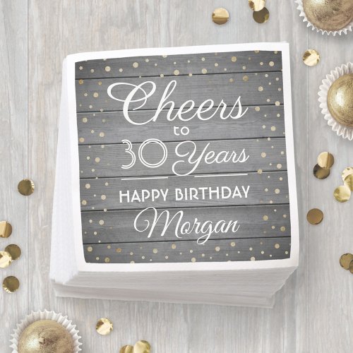 ANY Birthday Cheers Gray Wood  Gold Glitter Party Napkins