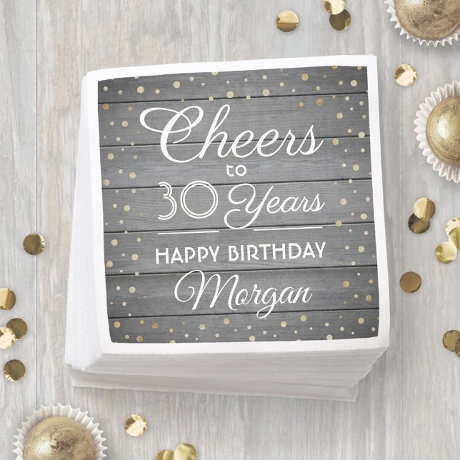 ANY Birthday Cheers Gray Wood & Gold Glitter Party Napkins (Creator Uploaded)