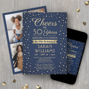 ANY Birthday Cheers Navy and Gold Confetti 4 Photo Invitation
