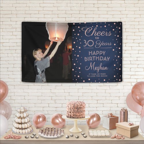 ANY Birthday Cheers Navy and Pink Confetti 1 Photo Banner