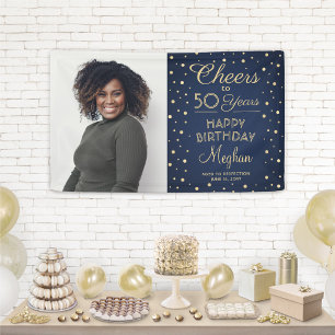 ANY Birthday Cheers Navy Blue and Gold 1 Photo Banner