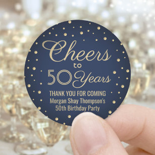 ANY Birthday Cheers Navy Blue and Gold Confetti Classic Round Sticker