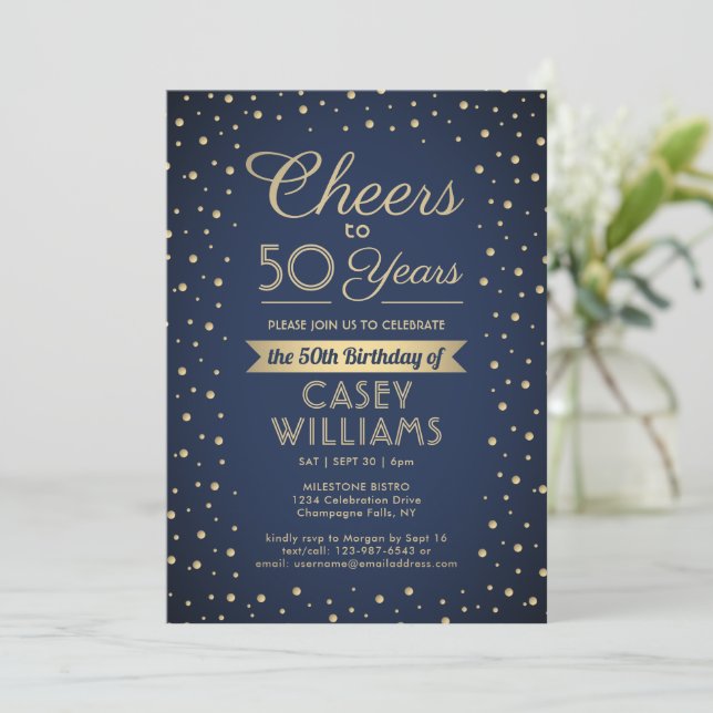 ANY Birthday Cheers Navy Blue and Gold Confetti Invitation (Standing Front)