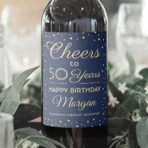 ANY Birthday Cheers Navy Blue and Gold Confetti Wine Label