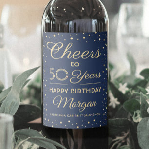 ANY Birthday Cheers Navy Blue and Gold Confetti Wine Label
