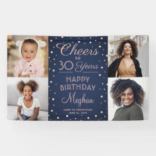 ANY Birthday Cheers Navy Blue and Pink 4 Photo Banner