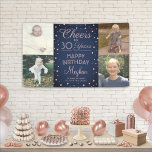 ANY Birthday Cheers Navy Blue and Pink 4 Photo Banner<br><div class="desc">Celebrate a happy milestone birthday with a custom 4 photo navy blue and pink party banner. (IMAGE PLACEMENT TIP: An easy way to center a photo exactly how you want is to crop it before uploading to the Zazzle website.) Design features four images of your choice, modern script calligraphy customizable...</div>