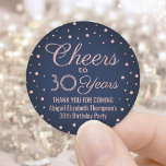 ANY Birthday Cheers Navy Blue and Pink Confetti Classic Round Sticker<br><div class="desc">Add a personalized finishing touch to birthday party thank you notes or favors with custom navy blue and pink round stickers / envelope seals. All text is simple to customize or delete. This template is set up for a 30th birthday for her, but can easily be changed to another year...</div>