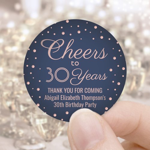 ANY Birthday Cheers Navy Blue and Pink Confetti Classic Round Sticker