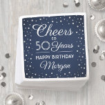 ANY Birthday Cheers Navy Blue and Silver Glitter Napkins<br><div class="desc">Add an elegant personalized touch to birthday party decorations with custom navy blue and white paper napkins. Design features modern script calligraphy customizable "Cheers to 50 Years" and silver faux glitter confetti dots on a navy blue background. This template is set up for a 50th birthday celebration, but is simple...</div>