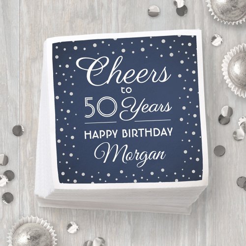 ANY Birthday Cheers Navy Blue and Silver Glitter Napkins