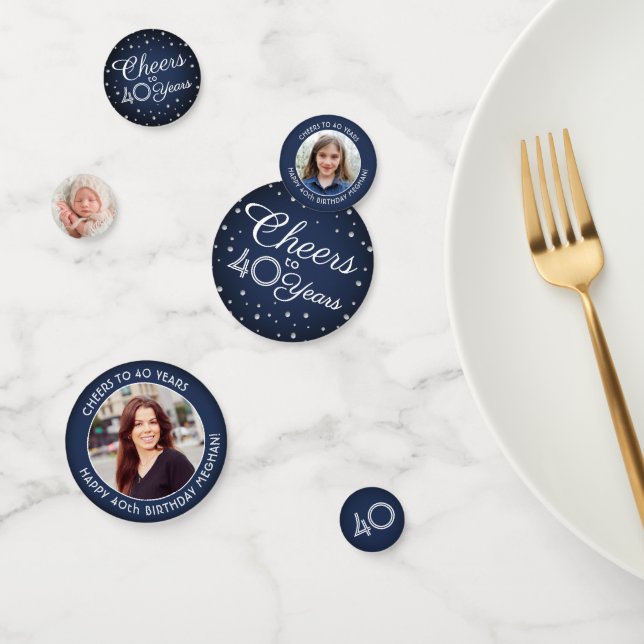 ANY Birthday Cheers Navy Blue and White 3 Photo Confetti (Group)