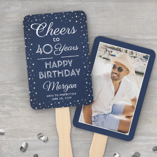 ANY Birthday Cheers Navy Blue and White Confetti Hand Fan