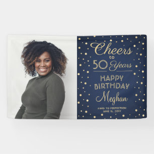 ANY Birthday Cheers Navy Blue Gold Confetti Photo Banner