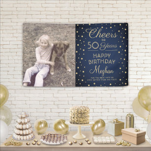 ANY Birthday Cheers Navy Blue Gold Confetti Photo Banner