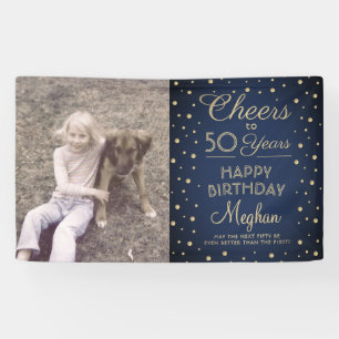 ANY Birthday Cheers Navy Blue Gold Confetti Photo Banner