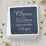 ANY Birthday Cheers Navy Blue & Gold Glitter Party Napkins<br><div class="desc">Add an elegant personalized touch to birthday party decorations with custom navy blue and gold paper napkins. Design features modern script calligraphy customizable "Cheers to 50 Years" and gold faux glitter confetti dots on a navy blue background. Please note that text is printed color, not metallic foil. This template is...</div>