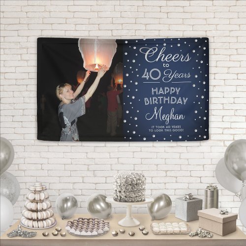 ANY Birthday Cheers Navy  Silver Confetti 1 Photo Banner