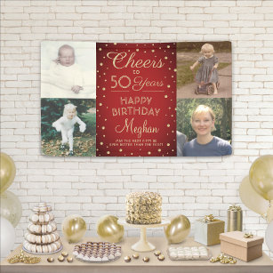 ANY Birthday Cheers Red and Gold Confetti 4 Photo Banner