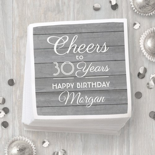 ANY Birthday Cheers Rustic Wood Elegant Gray White Napkins