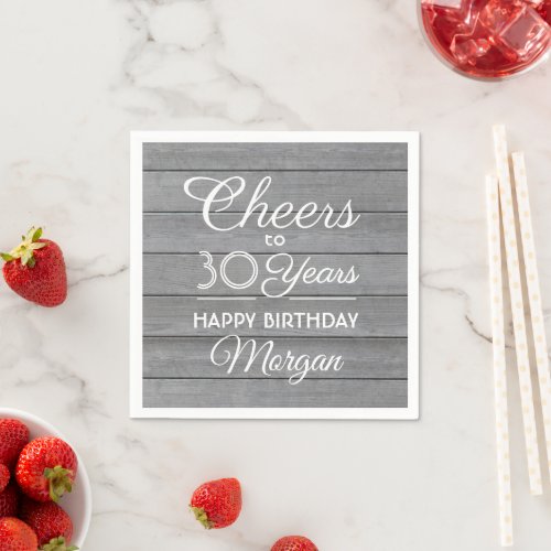 ANY Birthday Cheers Rustic Wood Elegant Gray White Napkins