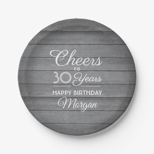 ANY Birthday Cheers Rustic Wood Elegant Gray White Paper Plates