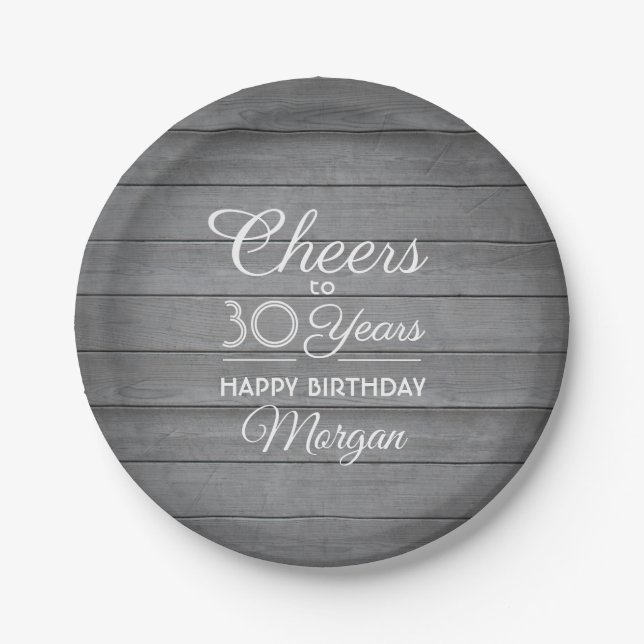 ANY Birthday Cheers Rustic Wood Elegant Gray White Paper Plates (Front)