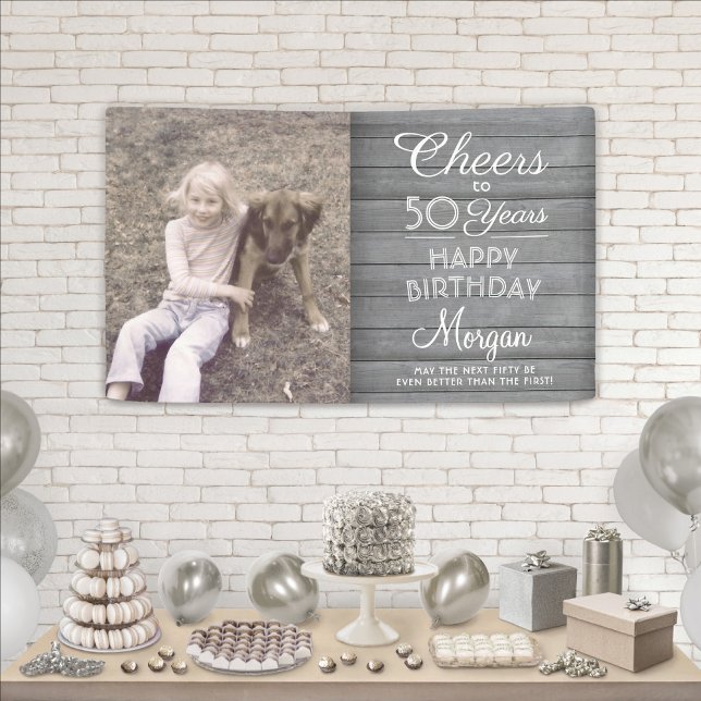 ANY Birthday Cheers Rustic Wood Gray White 1 Photo Banner (Creator Uploaded)