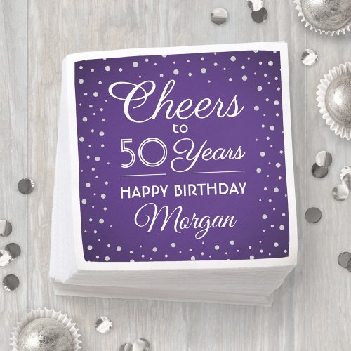 ANY Birthday Cheers Silver Glitter Purple  White Napkins