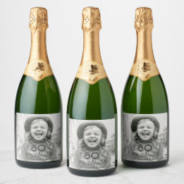ANY Birthday Chic Black Typography & Photo Party Sparkling Wine Label