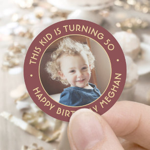 ANY Birthday Chic Simple Photo Burgundy and Gold Classic Round Sticker