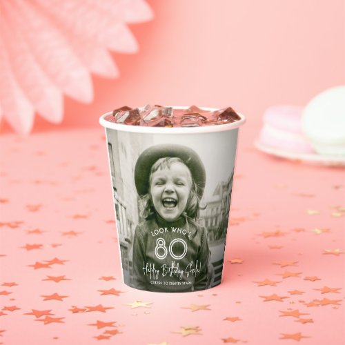 ANY Birthday Chic Stylish Typography 2 Photo Party Paper Cups