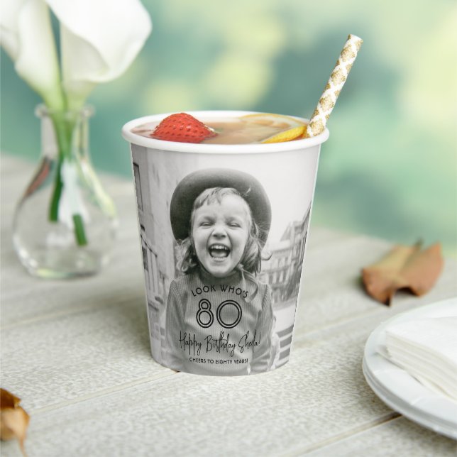 ANY Birthday Chic White Typography 2 Photo Party Paper Cups (Insitu)